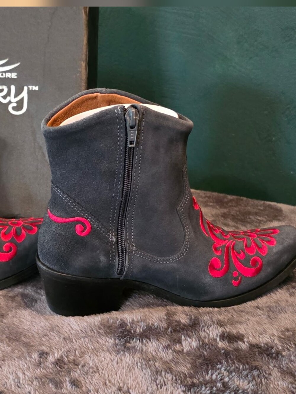 Black Suede Ankle Booties with Red Embroidered Detail - Picture 4 of 4